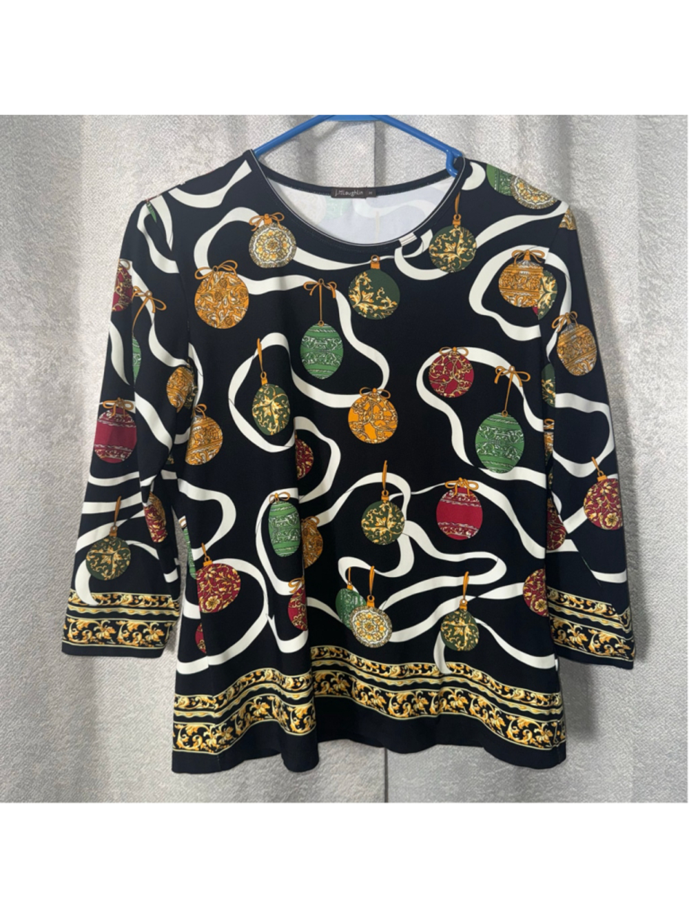 Women's J.McLaughlin Holiday Ornament Print Blouse, Size M, Black and Gold